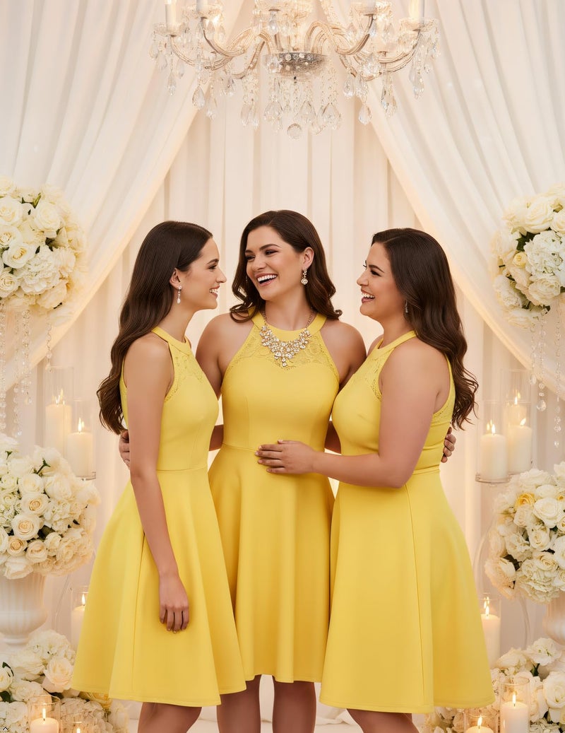 Bbonlinedress Yellow Vintage Short Halter Wedding Guest Dress Cocktail Prom Bridesmaid Lace Semi Formal Dress Yellow S - Image 3